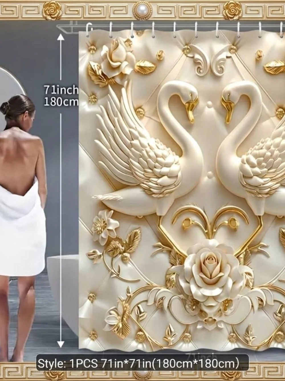 Elegant Gold and Cream Luxury Swan Bathroom Shower Curtain New